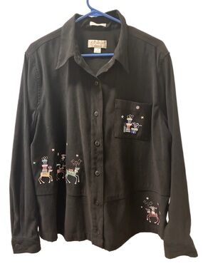 CJ Banks Black Button-Down Shirt with Colorful Reindeer & Gift Embroidery